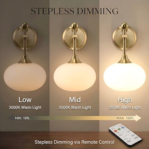 Brass Wall Sconce Set of 2 with Milk Glass Shades - Wireless Rechargeable with Remote