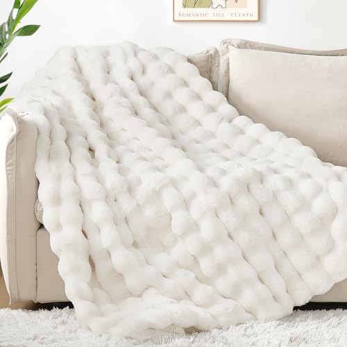 Touchat White Queen 90x90 Faux Fur Blanket - Ultra Soft Cozy Reversible Mink Throw for Couch & Bed