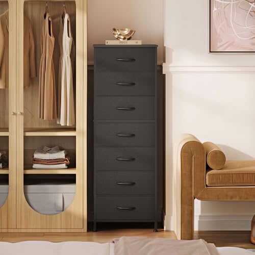 WLIVE Tall Black Dresser with 7 Fabric Drawers, Space-Saving Bedroom Storage