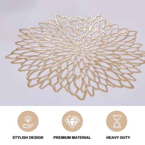Snowkingdom 4 Pack Gold Placemats Metallic Pressed Vinyl Golden for Dinning Table Place Mats Round Floral Charger Decoration for Christmas Thanksgiving Holiday Wedding