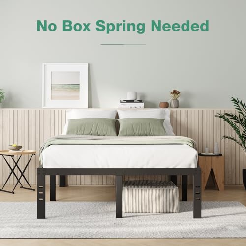 Queen Bed Frame 14 Inch Metal Platform with Storage - Black, Heavy Duty Steel