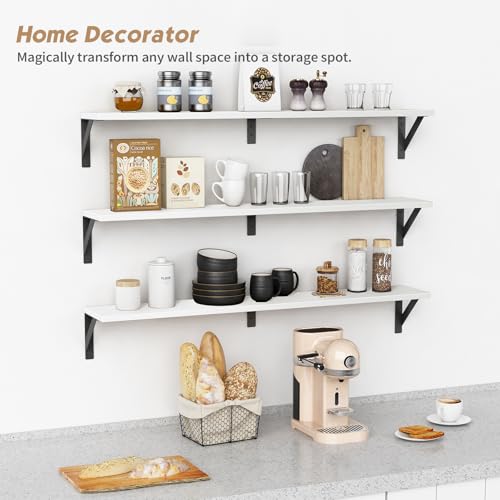 White Floating Wall Shelf - 36 x 8 Inches Rustic Wooden Book Storage with Metal Brackets