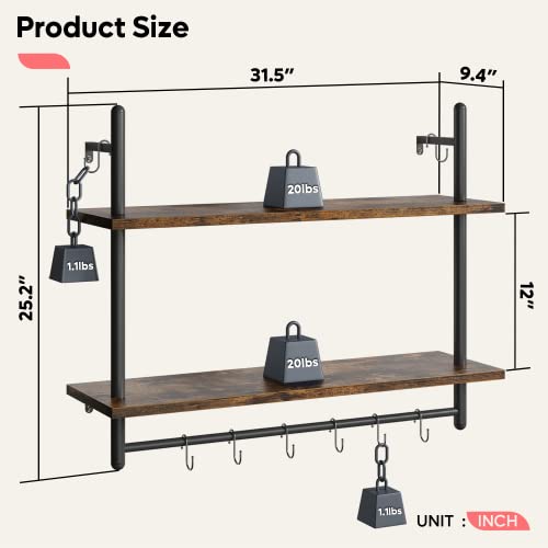 Bestier 31" Industrial Pipe Wall Shelf with Towel Bar, Rustic Brown