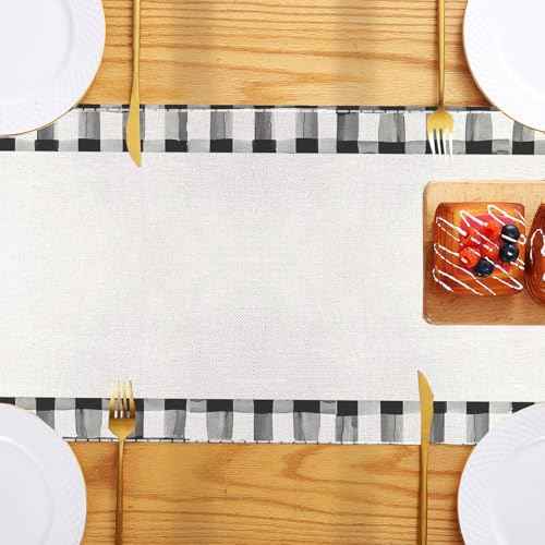 Black White Waterclor Buffalo Plaid Christmas Trees Christmas Table Runners, 72x13Inch Holiday Table Runners Christmas Buffalo Plaid Table Decorations for Home Party Decor