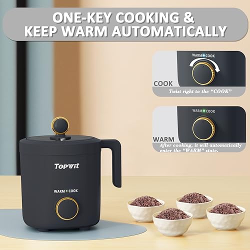 TopWit 2-Cup Mini Rice Cooker Grey, Compact Portable Food Steamer with Removable Pot