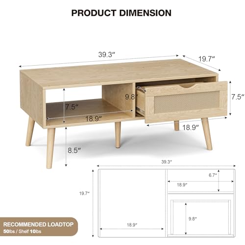 Oak Rattan Coffee Table with Drawer - Boho Natural Finish, ZttRiee