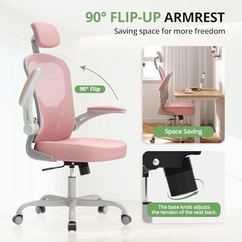 Synorla Pink & Grey Ergonomic Office Chair 330LBS Capacity Adjustable Mesh Desk Chair