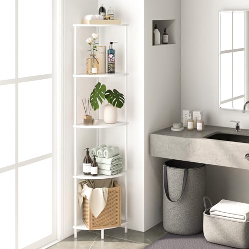Yoobure White Corner Shelf Stand 5-Tier Tall Bookshelf for Bedroom & Living Room