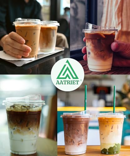 Aatriet 32 oz Clear Plastic Cups with Strawless Sip Lids - 100 Pack, Disposable To-Go Cups for Cold Drinks & Smoothies