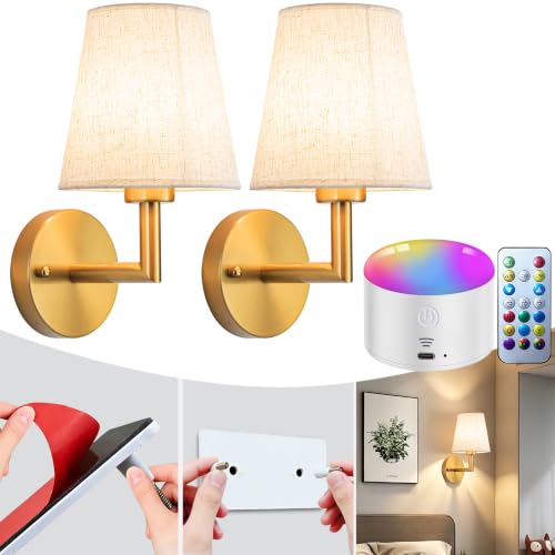 YHCDLAMP Bronze Peel & Stick Wall Sconces Set of 2, Battery Operated RGB Lighting