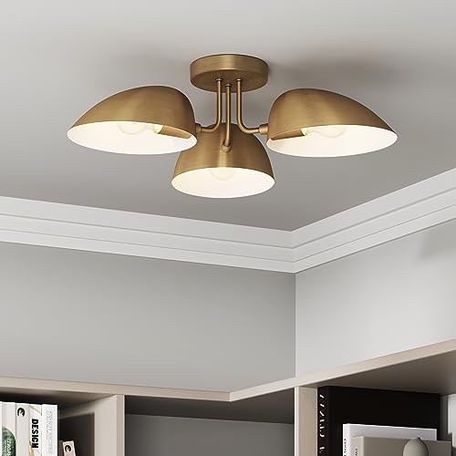 Semi-Flush Ceiling Light with 3 Black Rounded Shades - Vintaged Brass Finish - Variation of THIS listing