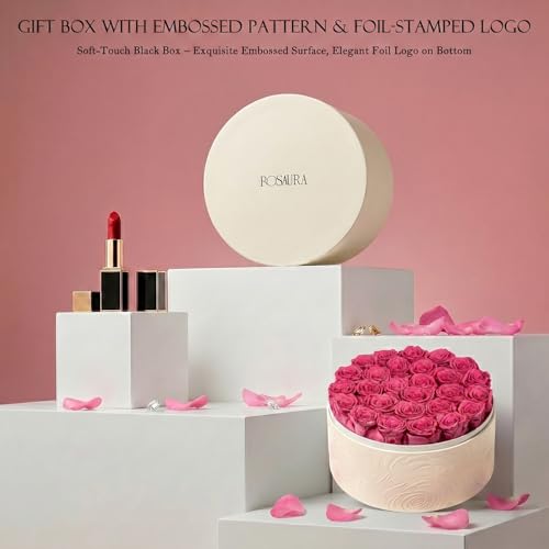 Pink Preserved Roses in Round Box - 27 Real Flowers Gift for Her