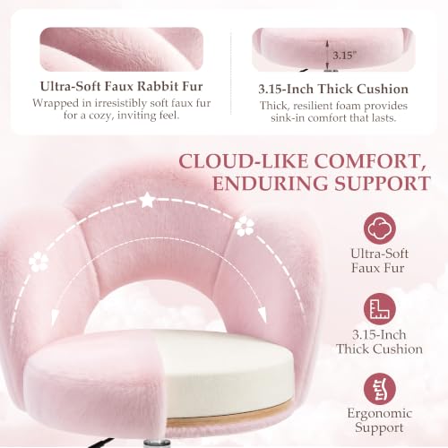 Pink FIDOM Cloud Vanity Chair with Wheels - Fluffy Desk & Makeup Stool