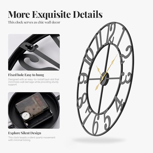 Cuspin 30 Inch Large Wall Clock - Black Metal with Arabic Numerals, Vintage Modern Design