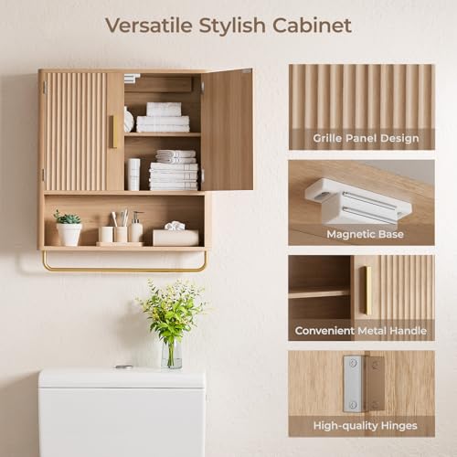 Memobarco Natural Oak Bathroom Wall Cabinet with Fluted Door & Adjustable Shelf