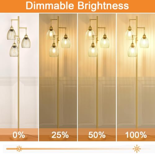 Dimmable Industrial Floor Lamp - Gold Tree Standing Lamp with Teardrop Cage Heads, 70-Inch Tall, 800 Lumens LED Bulbs Included - Variation: Gold