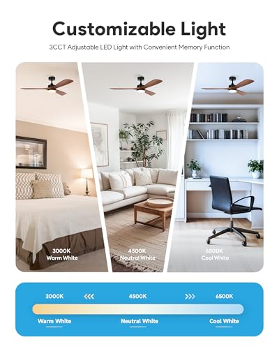 Wood Ceiling Fan with Lights 52 Inch - Walnut + Black, Reversible Remote