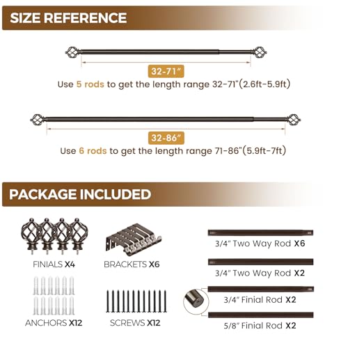 KAMANINA 2 Pack Adjustable Bronze Curtain Rods 32-86 Inches for Windows