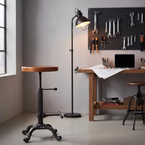 Industrial Wooden Tractor Stool Dark Brown Adjustable Height Bar Stool