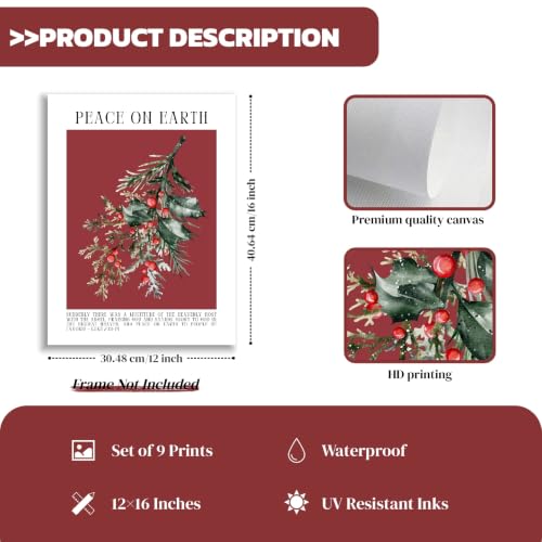 Beayum 9Pcs Vintage Christmas Wall Art 12x16 – Green & Red Bible Verses Unframed Prints