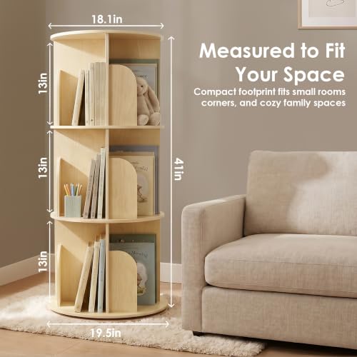 Shaneroady 3-Tier Wooden Rotating Bookshelf for Kids - 360° Spinning Bookcase