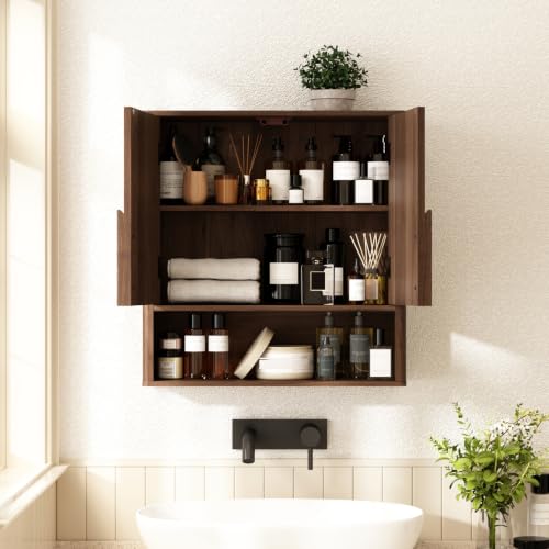 Rustown Wall Mounted Bathroom Cabinet - Dark Walnut with Rounded Edges & Curved Handles