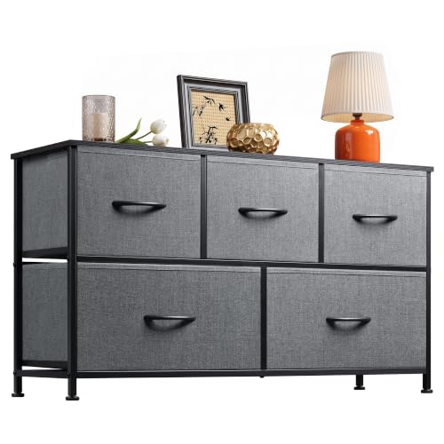 Dark Grey Wide Dresser with 5 Drawers - Bedroom Storage Chest, 39.37" Wide