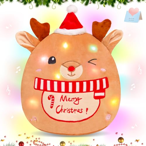 Athoinsu Light up Musical Christmas Elk Soft Plush Pillow 14 Inches Xmas Reindeer Plush Pillow for Toddler Kids Boys Girls Party Home Decorations