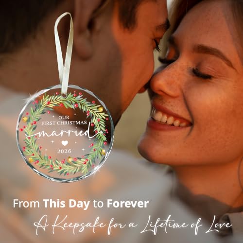 Our First Christmas Married 2026 Ornament – Glass Wreath Gift for Couples (With Navy Box)