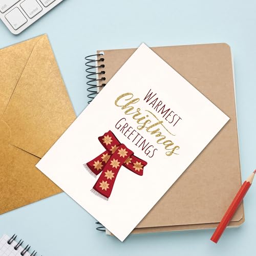 Warm Christmas Greetings Card with Red Scarf & Gold Accents - Holiday Stationery (5.3x8in)