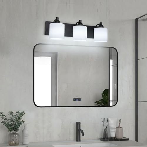 Milk Glass Vanity Wall Light Fixture - Matte Black 3-Light Bathroom Sconce - Over Mirror