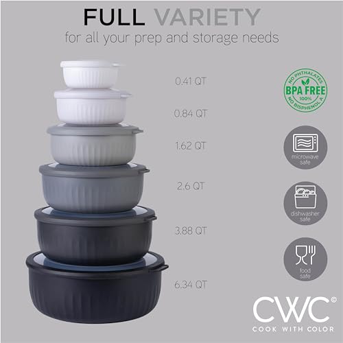 Prep Bowls with Lids - Black/White 12-Piece Nesting Plastic Mixing Set