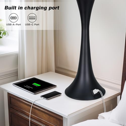 Black 27.5" Modern Touch Table Lamps Set of 2 with USB-C+A Ports, Dimmable Nightstand Lamps, Bulbs Included