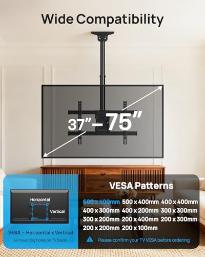 Ceiling TV Mount for 37-75 Inch Flat & Curved TVs - Adjustable & Swivel