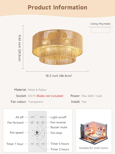 Ahtytjh Gold Boho Caged Ceiling Fan with Light Flush Mount & Handwoven Rattan