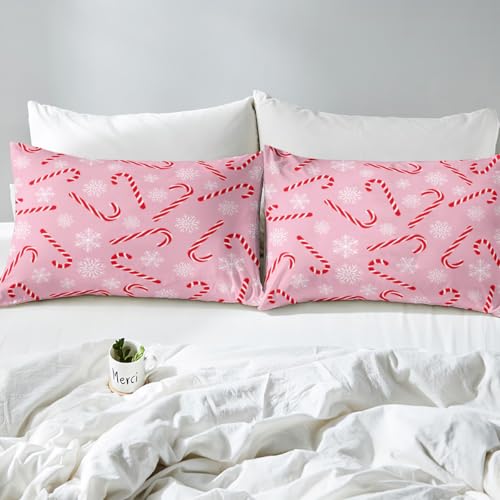 Pink Red Xmas Candy Cane Queen Bed Sheet Set - Christmas Holiday Bedding