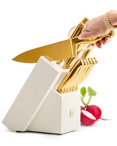 Gold Knife Set with Block & Sharpener - 14-Piece Kitchen Cutlery Collection