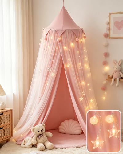 Twyvoka Princess Bed Canopy for Girls with Star Lights, Blush, 25.6"W x 106"L, Twin & Full Bed Size