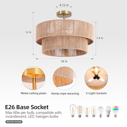 18-Inch Boho Rattan Semi-Flush Mount Ceiling Light Fixture - Handwoven Rustic Style
