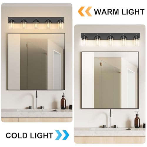 IZORRO 36 Inch Black 5-Light Bathroom Vanity Light Fixture with Clear Glass Shades - Modern Farmhouse Style, Dimmable, Over Mirror