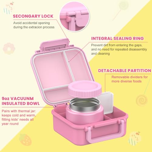 Kids Bento Lunch Box with Thermo Jar - Pink, Leak-Proof 3-Compartment Kids Lunch Container