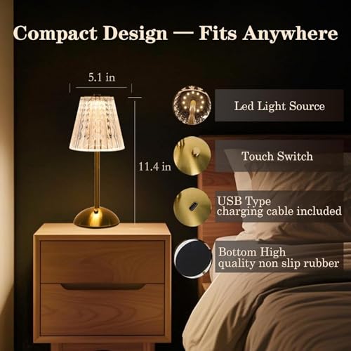Rechargeable Touch Dimming Table Lamp - Large Gold Crystal Style - 2 Pack
