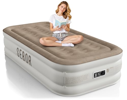 Sebor Twin Air Mattress with Built-In Pump Khaki 18" - Self-Inflating, Durable Guest Bed for Camping & Travel