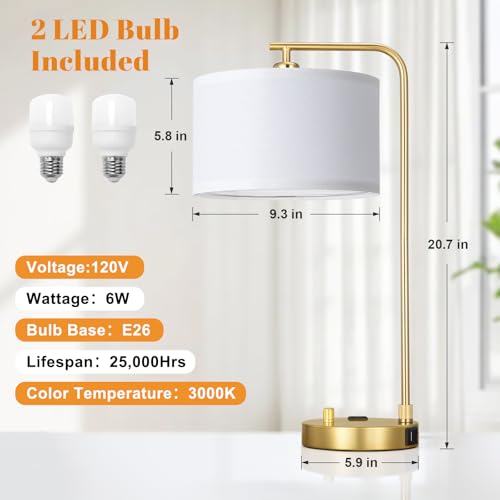 Gold Bedside Lamps Set of 2 with White Shade, Dimmable Nightstand Lamps with USB Ports