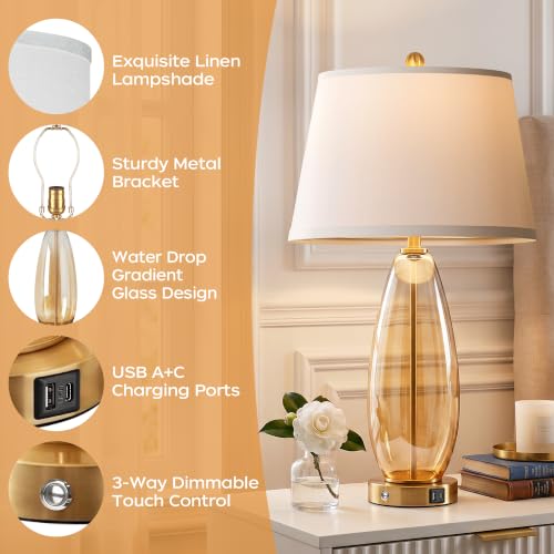 WIHTU 27-Inch Amber Glass Table Lamps Set of 2 with Touch Dimming & USB Ports