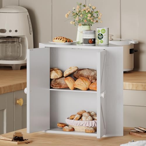 White Corner Bamboo Bread Box Double Layer Large Capacity Kitchen Organizer