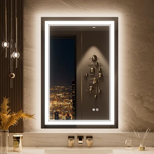 Keonjinn 22 x 32 Inch LED Bathroom Mirror with Backlit & Frontlit, Tempered Glass, Dimmable, Defogging, Wall Mount
