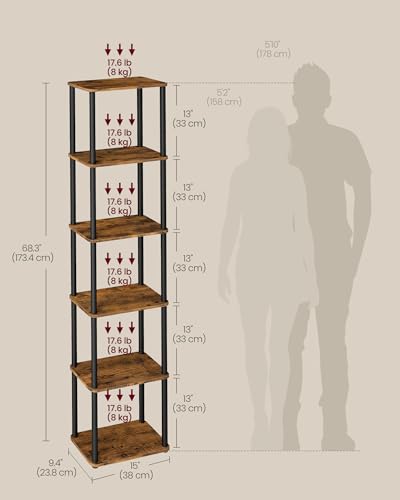 VASAGLE Rustic Brown & Ink Black 6-Tier Storage Shelf Bookcase with 15" Width