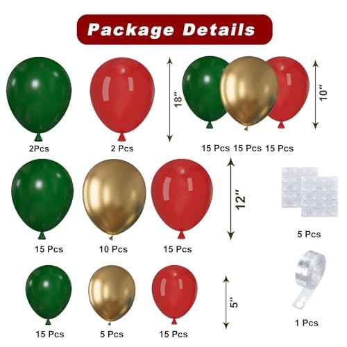 Christmas Balloons Garland Kit, 124pcs Red Green Gold Metallic Latex Balloons Arch for Christmas Party Decorations