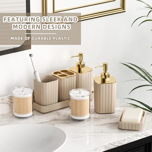 Beige & Gold Bathroom Accessories Set - 10 Piece Plastic Bath Set with Soap Dispenser and Tumbler